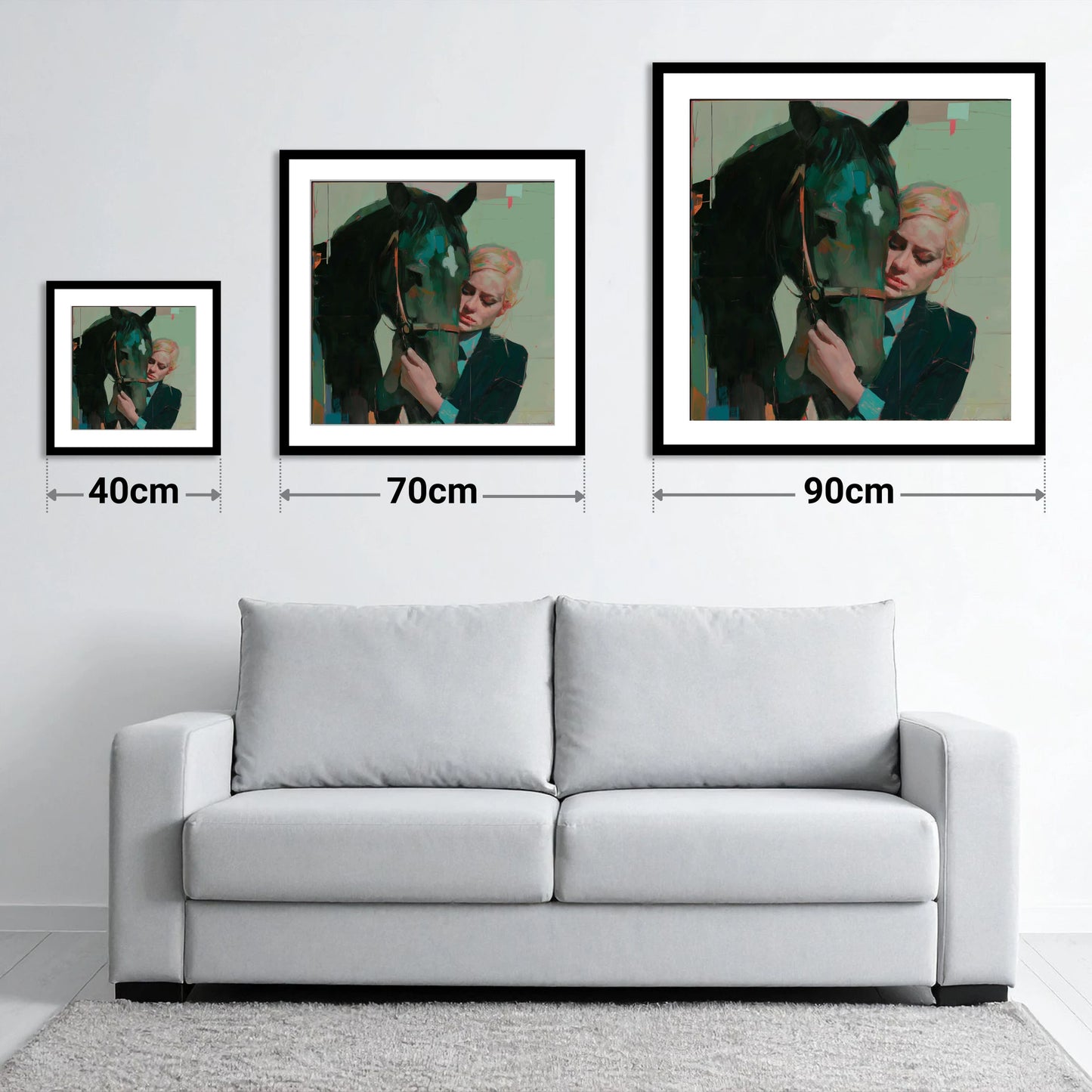 Quiet Connection - size guide showing 40cm, 70cm and 90cm art prints