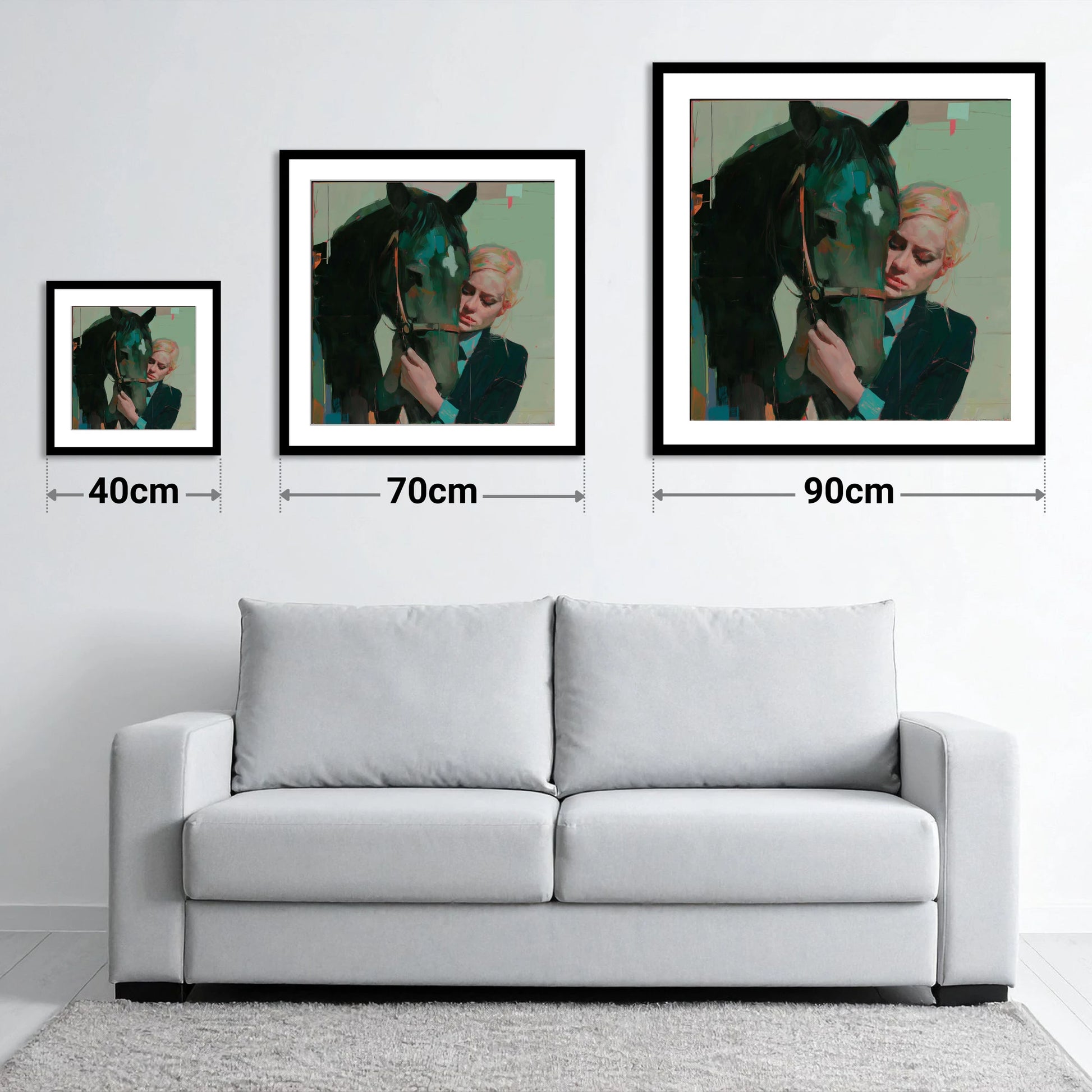 Quiet Connection - size guide showing 40cm, 70cm and 90cm art prints