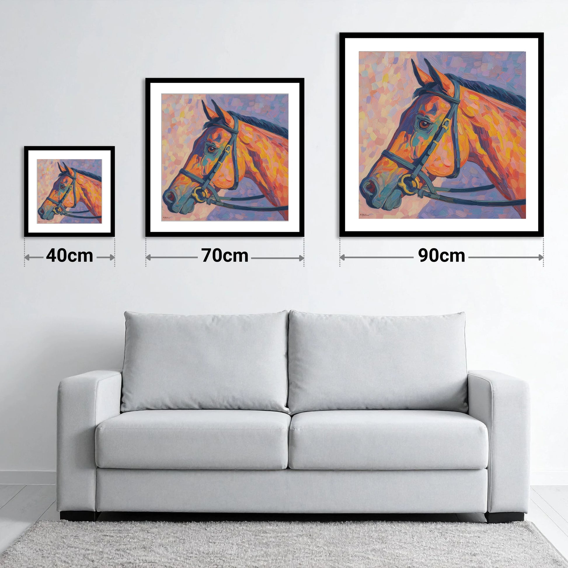 Vivid Equine Gaze - size guide showing 40cm, 70cm and 90cm art prints