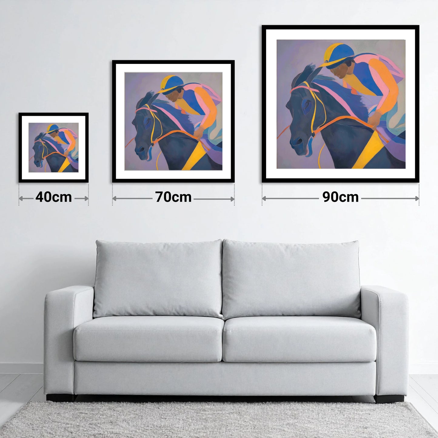 Dynamic Silks - size guide showing 40cm, 70cm and 90cm art prints