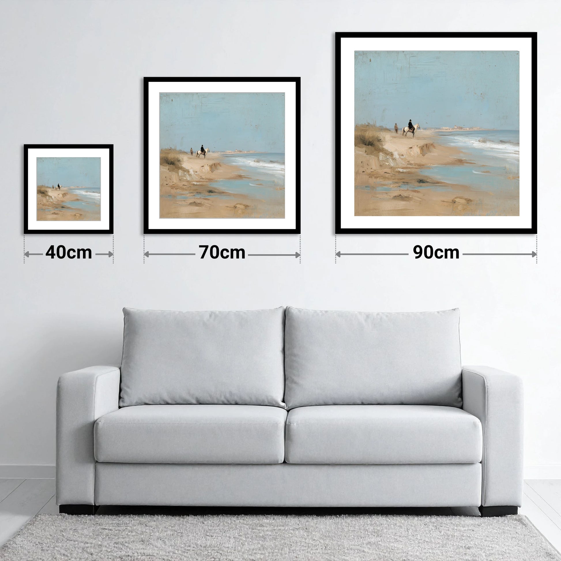 Coastal Solitude - size guide showing 40cm, 70cm and 90cm art prints