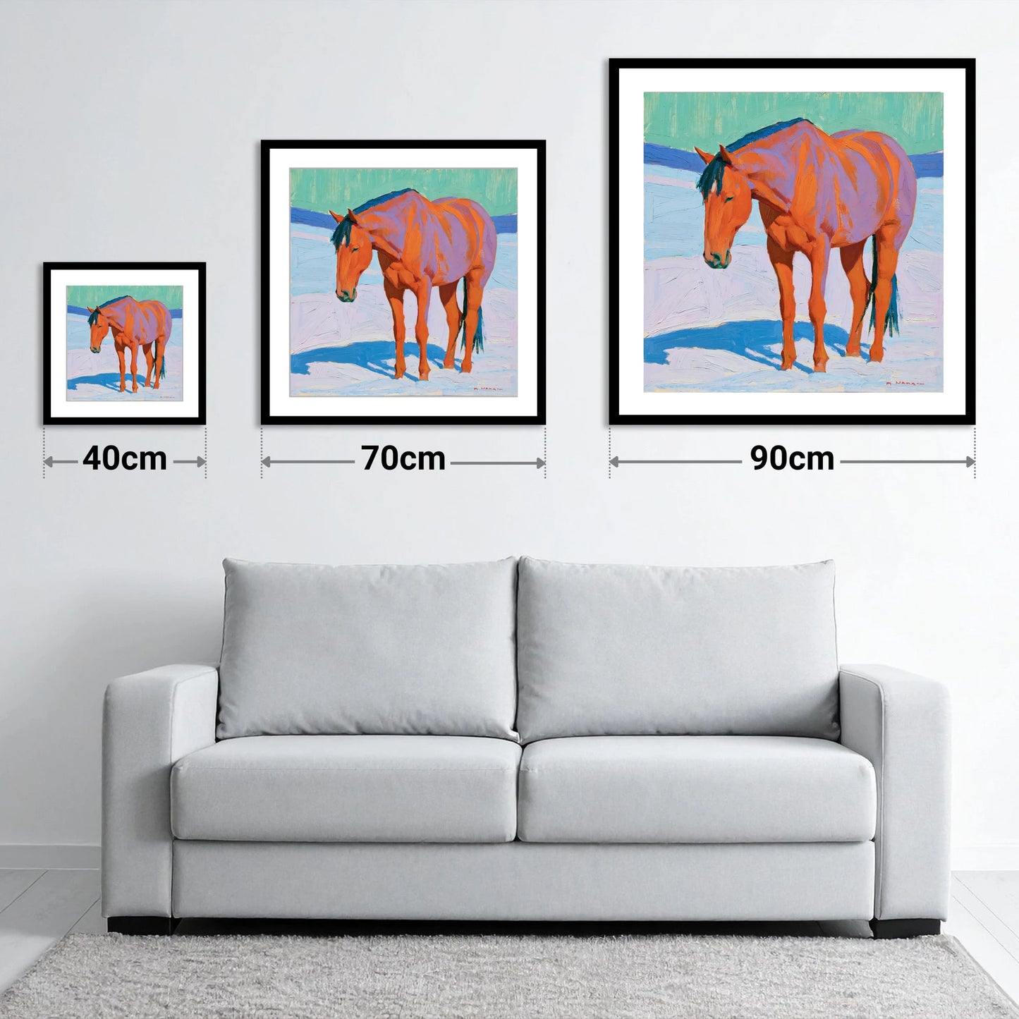 Vivid Chestnut Horse in Snow - size guide showing 40cm, 70cm and 90cm art prints