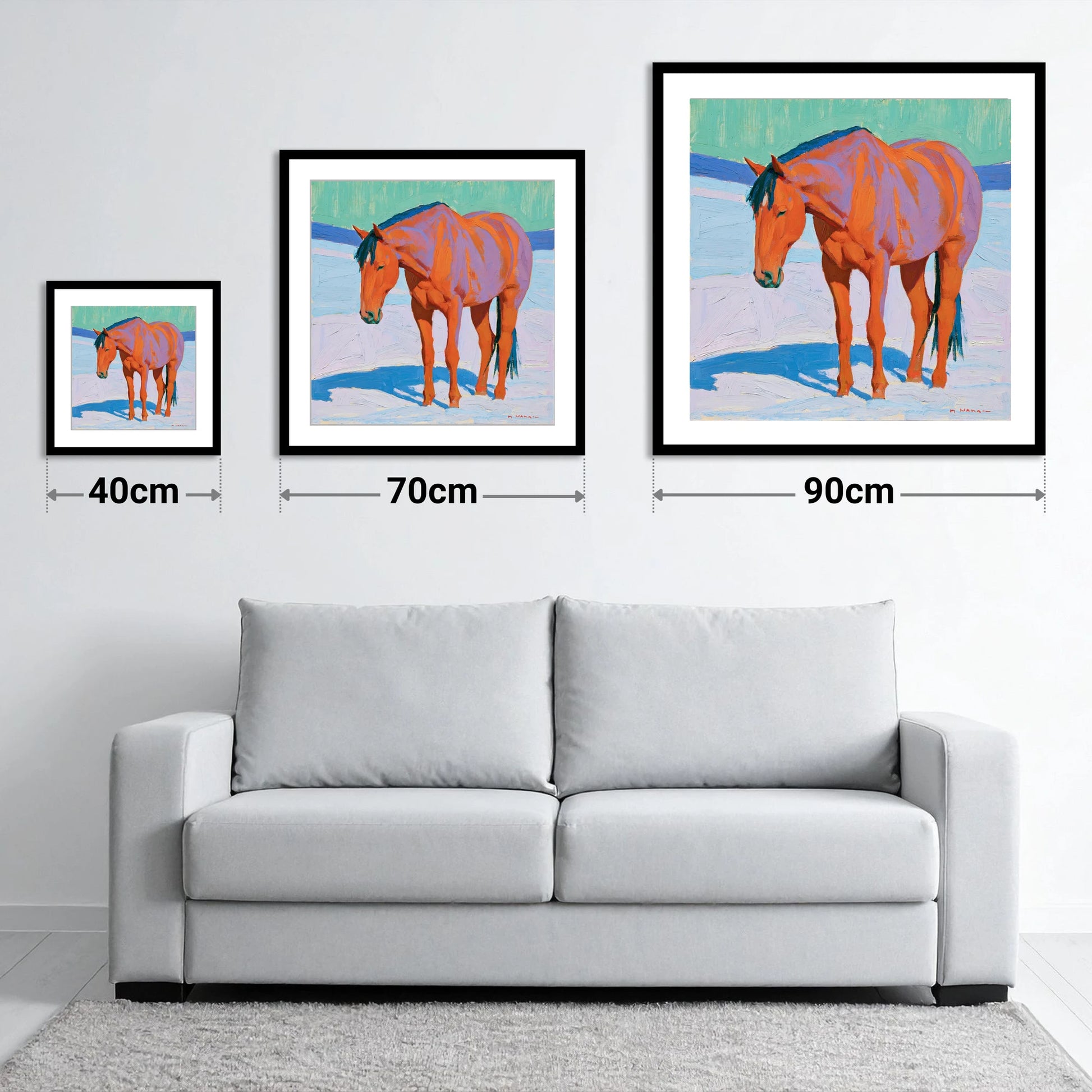 Vivid Chestnut Horse in Snow - size guide showing 40cm, 70cm and 90cm art prints