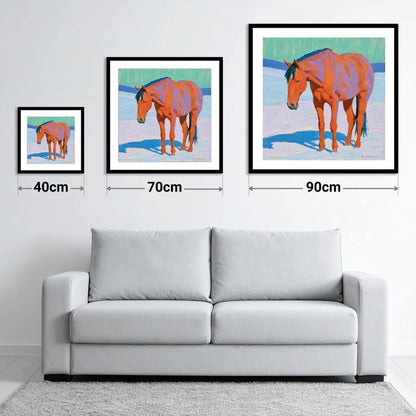Vivid Chestnut Horse in Snow - size guide showing 40cm, 70cm and 90cm art prints