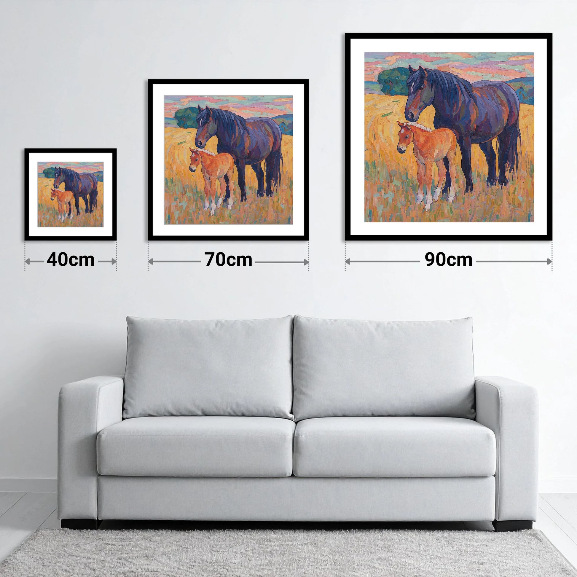 Vibrant Bond Mare and Foal - size guide showing 40cm, 70cm and 90cm art prints