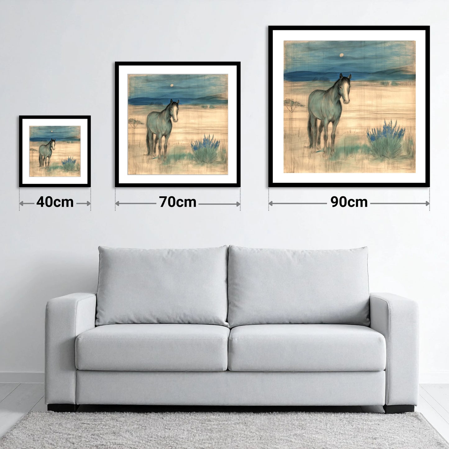 Twilight Moonlit Watch - size guide showing 40cm, 70cm and 90cm art prints