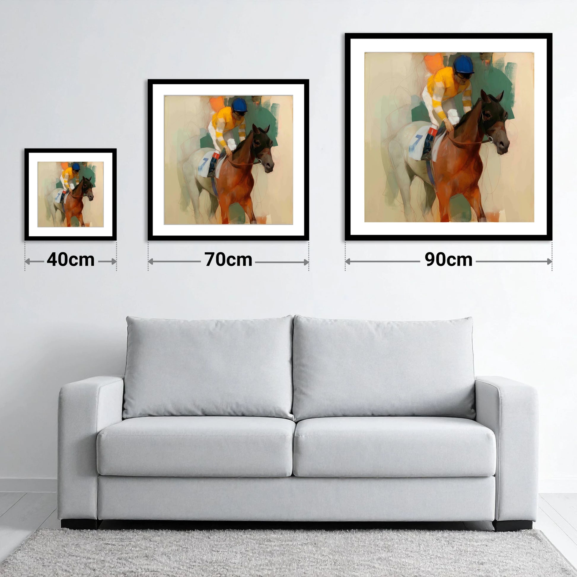Silks at the Start - size guide showing 40cm, 70cm and 90cm art prints