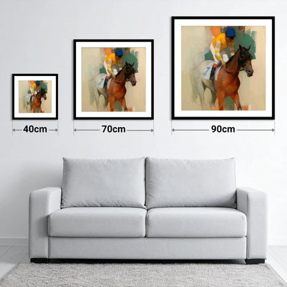 Silks at the Start - size guide showing 40cm, 70cm and 90cm art prints