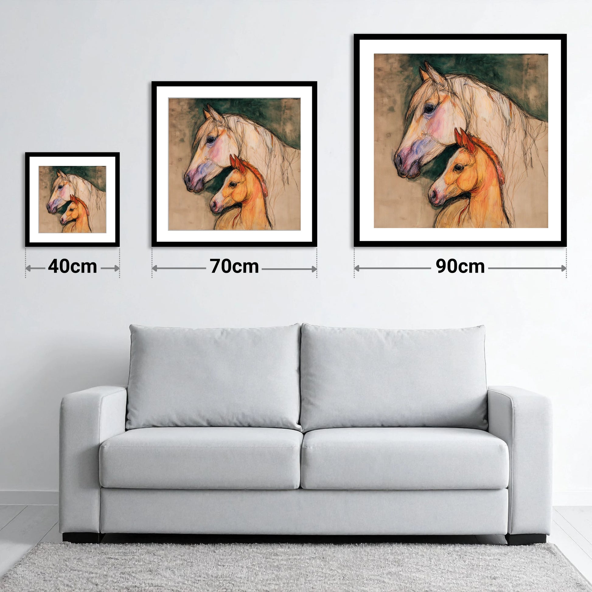 Quiet Devotion - size guide showing 40cm, 70cm and 90cm art prints