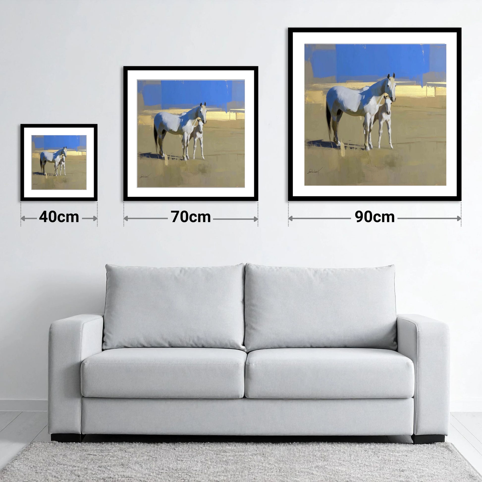 Midsummer Greys - size guide showing 40cm, 70cm and 90cm art prints