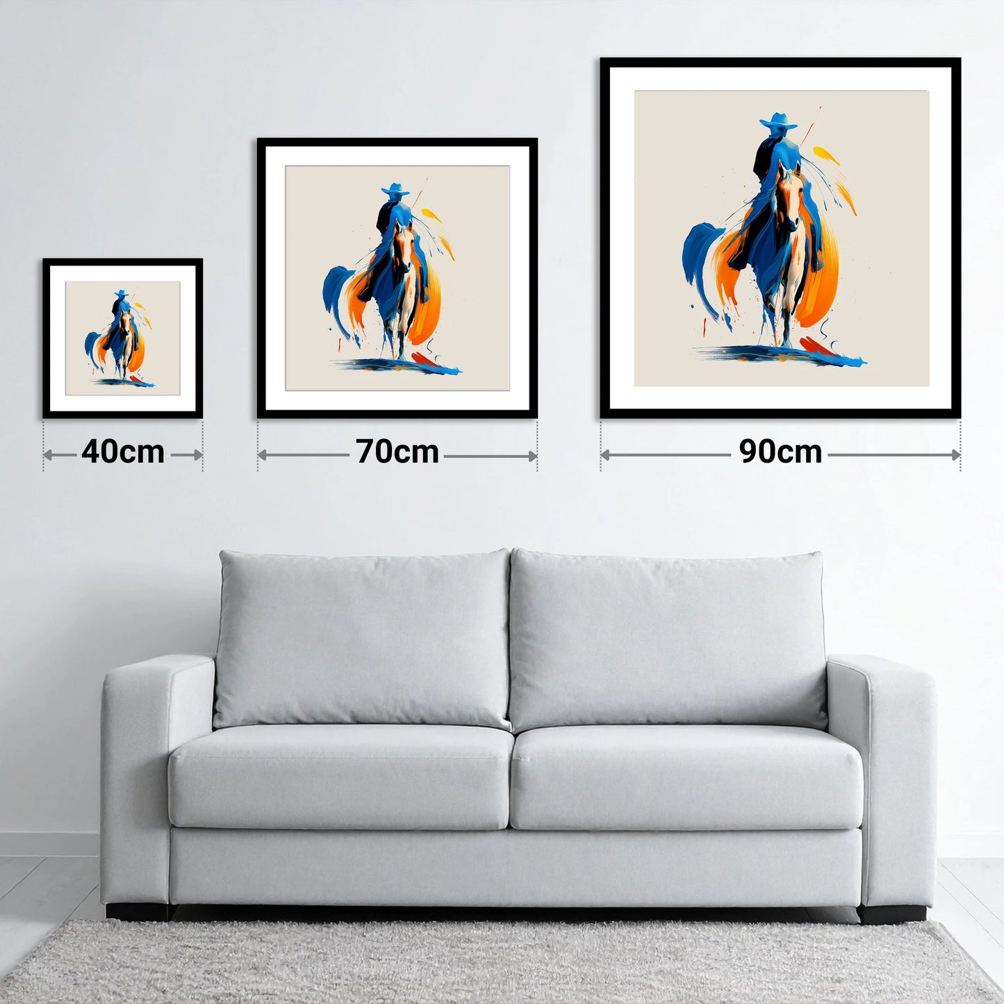 Cobalt Western Spirit - size guide showing 40cm, 70cm and 90cm art prints