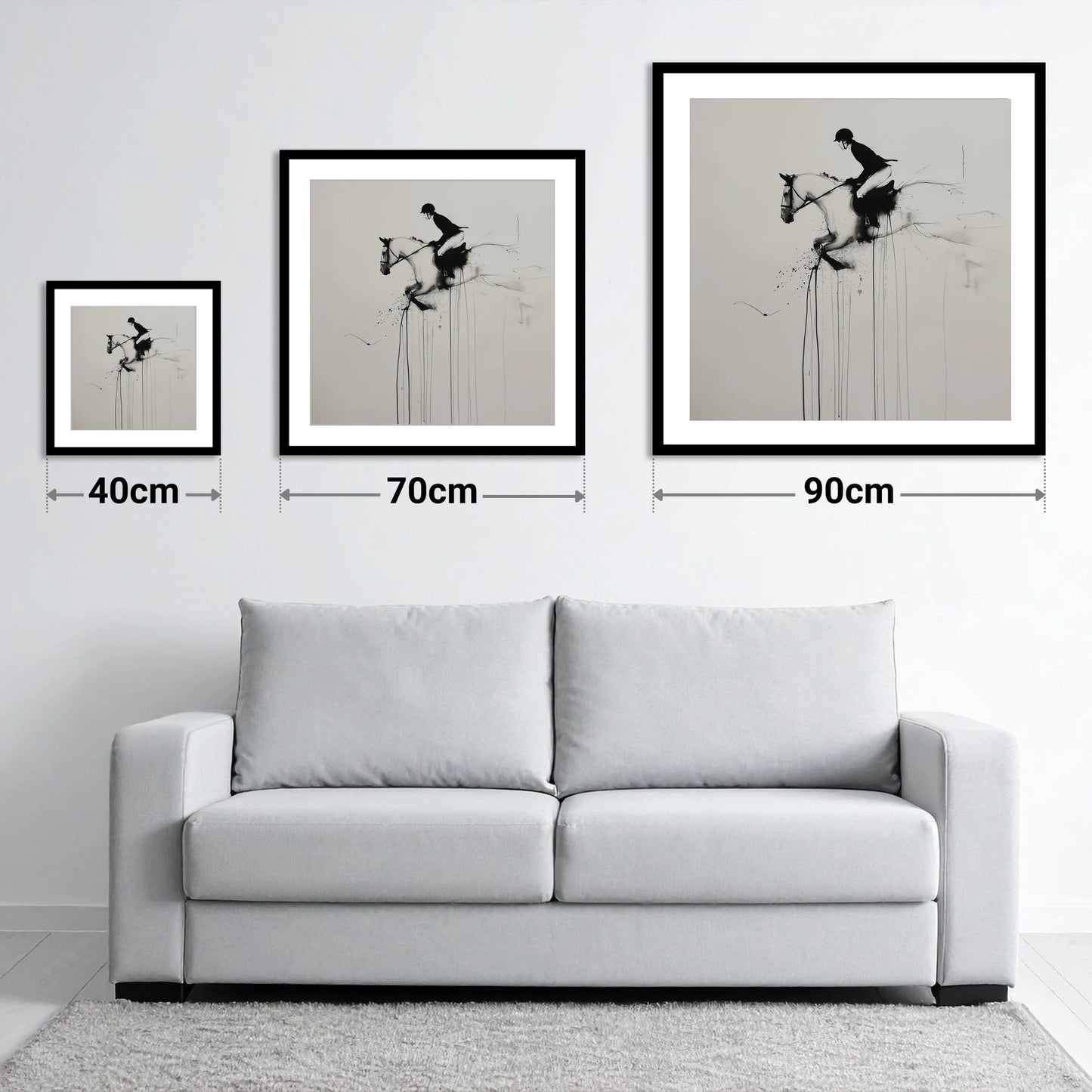 Airborne Elegance - size guide showing 40cm, 70cm and 90cm art prints