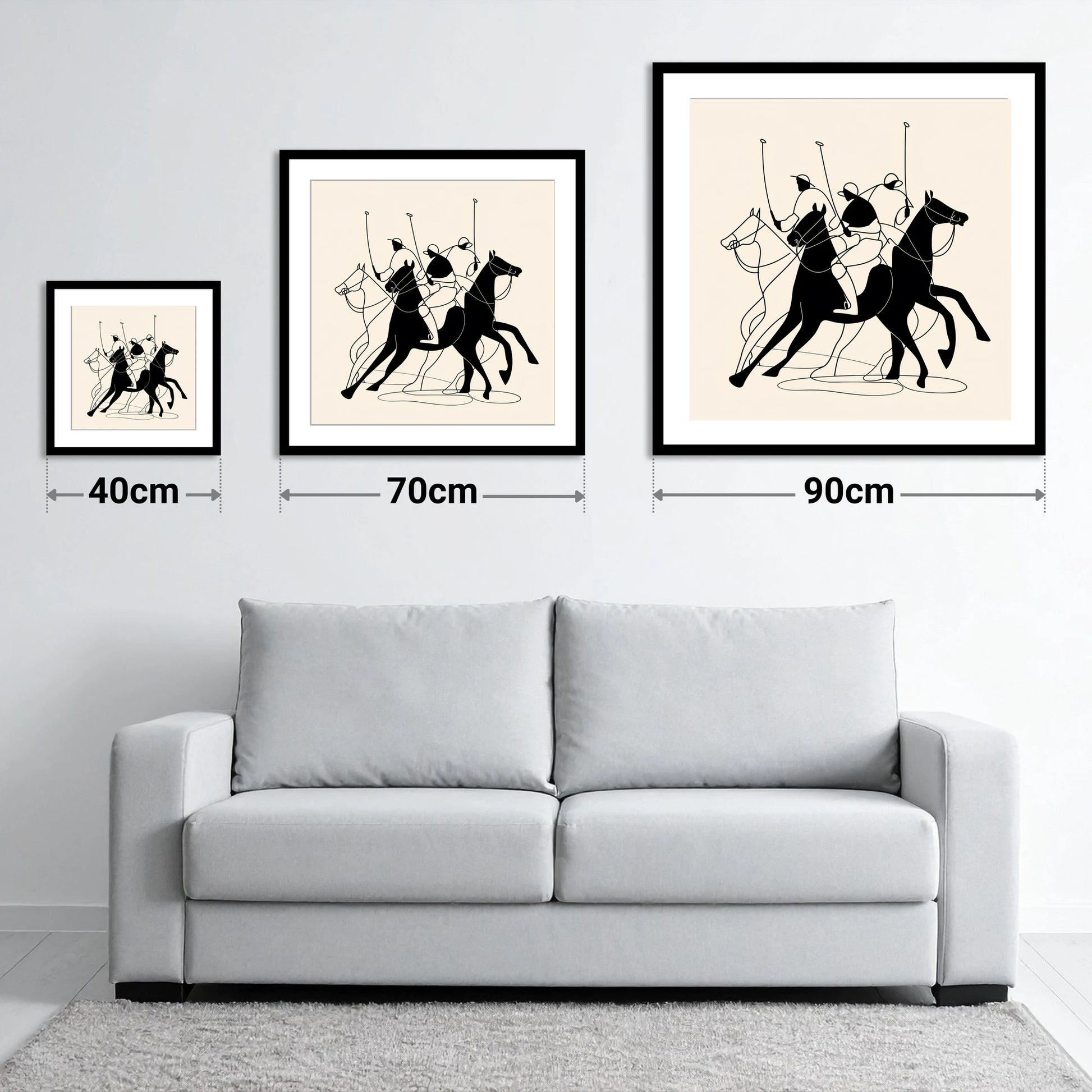 Dynamics of the Match - size guide showing 40cm, 70cm and 90cm art prints