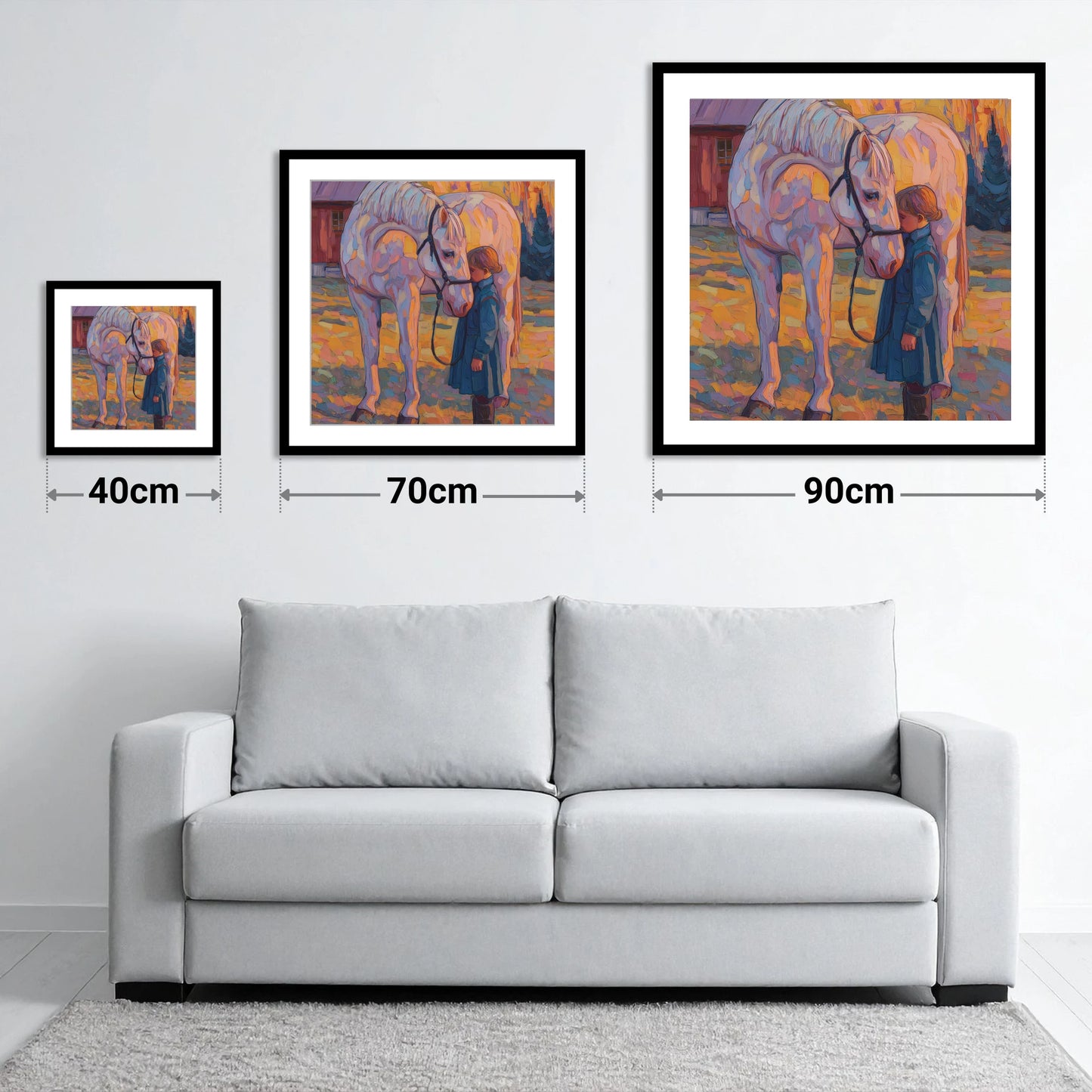 A Quiet Connection - size guide showing 40cm, 70cm and 90cm art prints