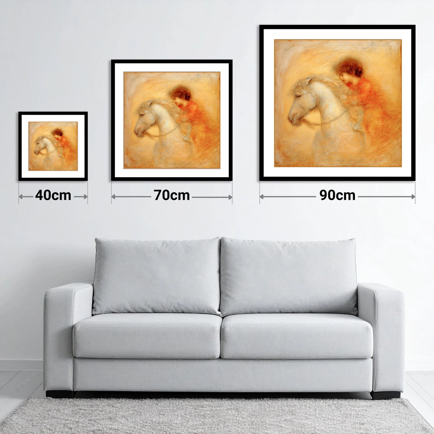 Golden Embrace - size guide showing 40cm, 70cm and 90cm art prints