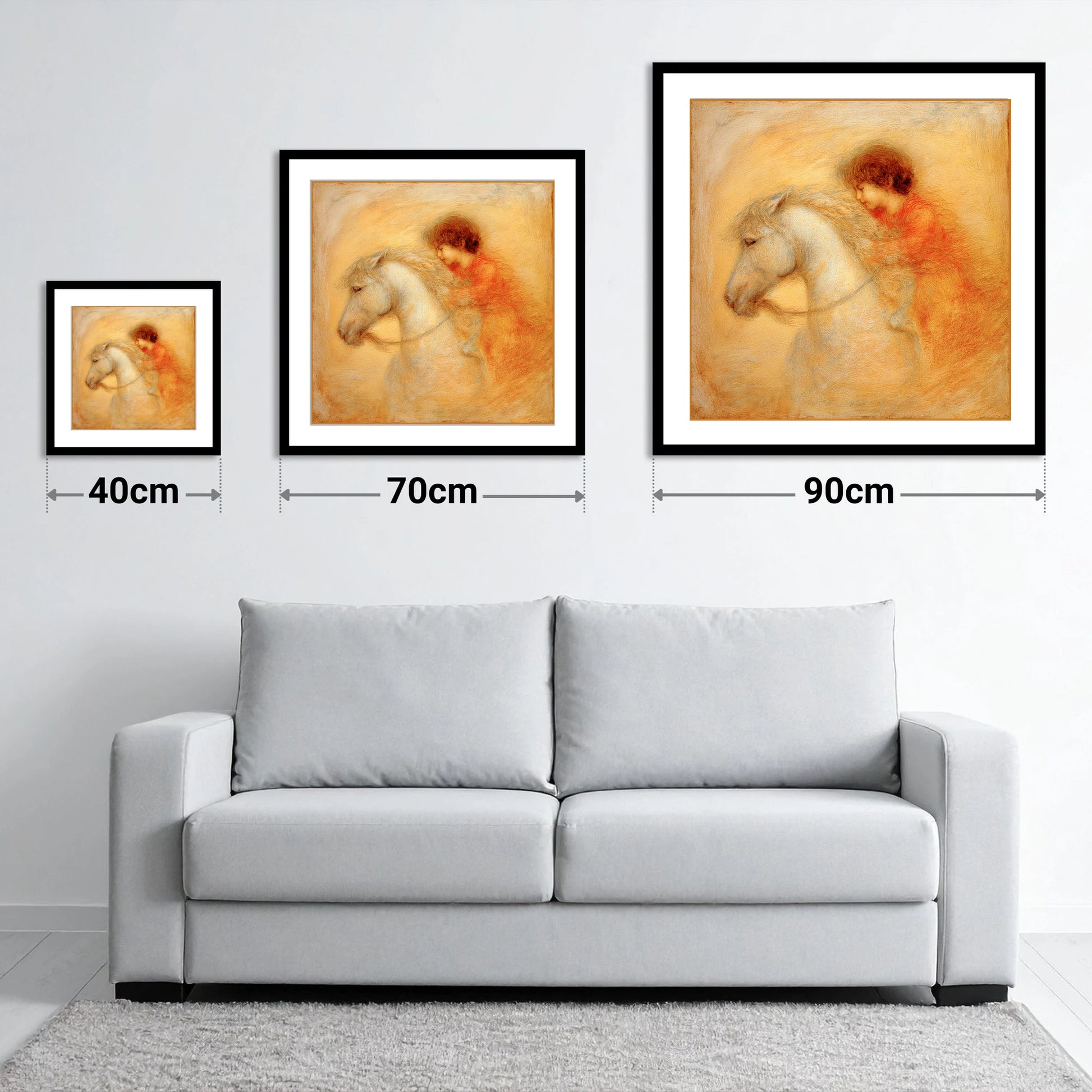 Golden Embrace - size guide showing 40cm, 70cm and 90cm art prints