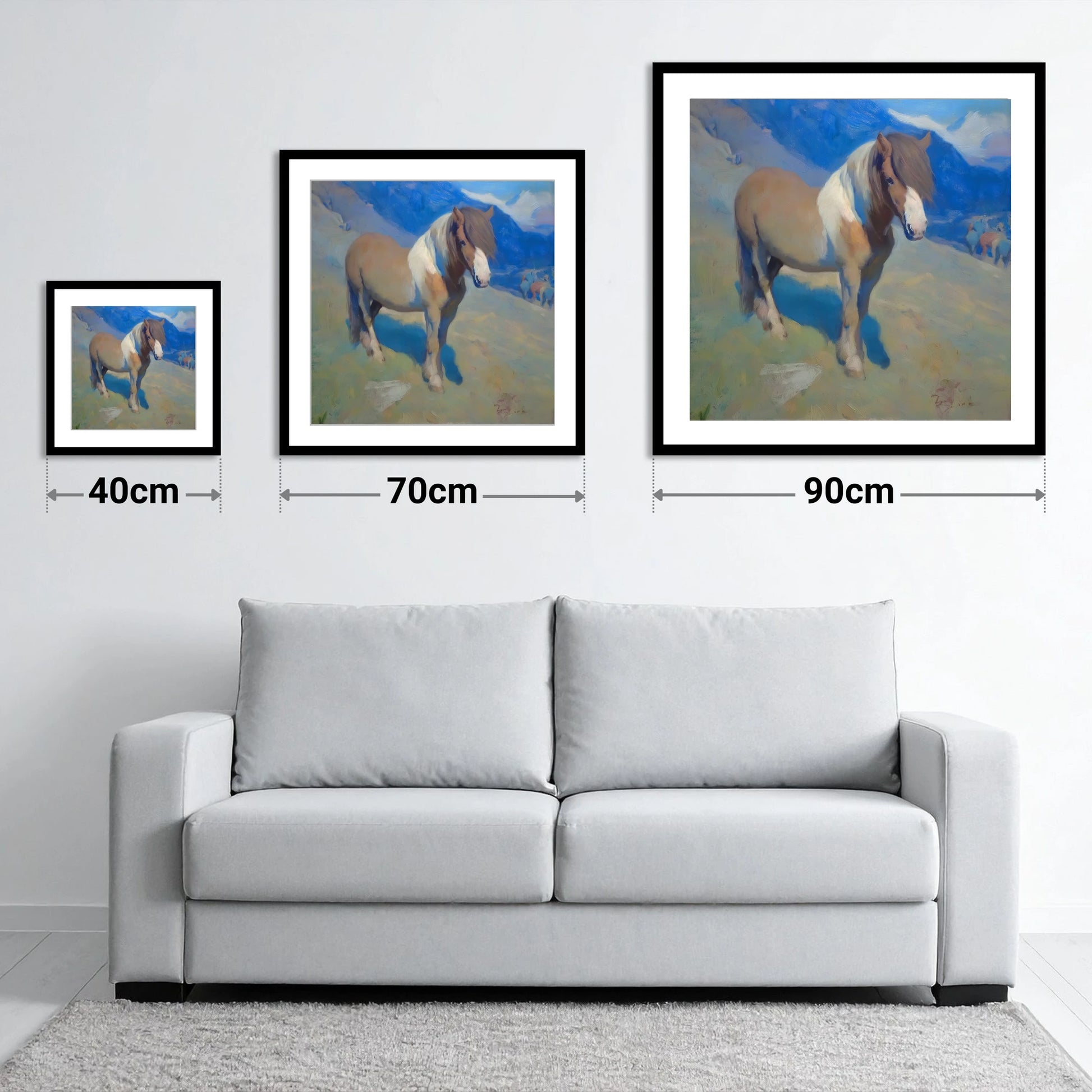 Highland Sentinel - size guide showing 40cm, 70cm and 90cm art prints
