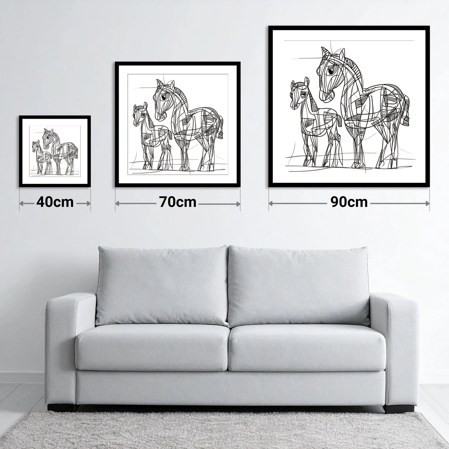 Linear Equine Bond - size guide showing 40cm, 70cm and 90cm art prints