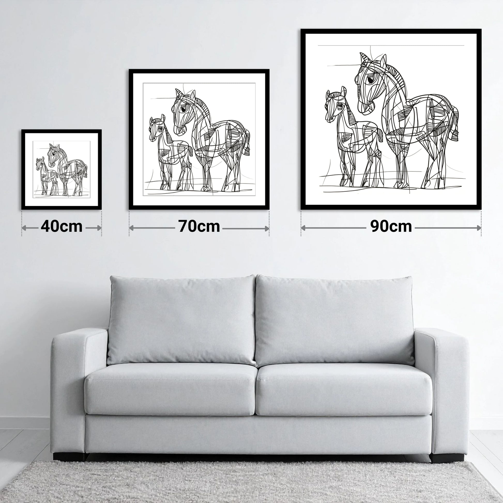 Linear Equine Bond - size guide showing 40cm, 70cm and 90cm art prints