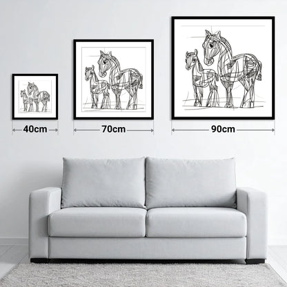 Linear Equine Bond - size guide showing 40cm, 70cm and 90cm art prints