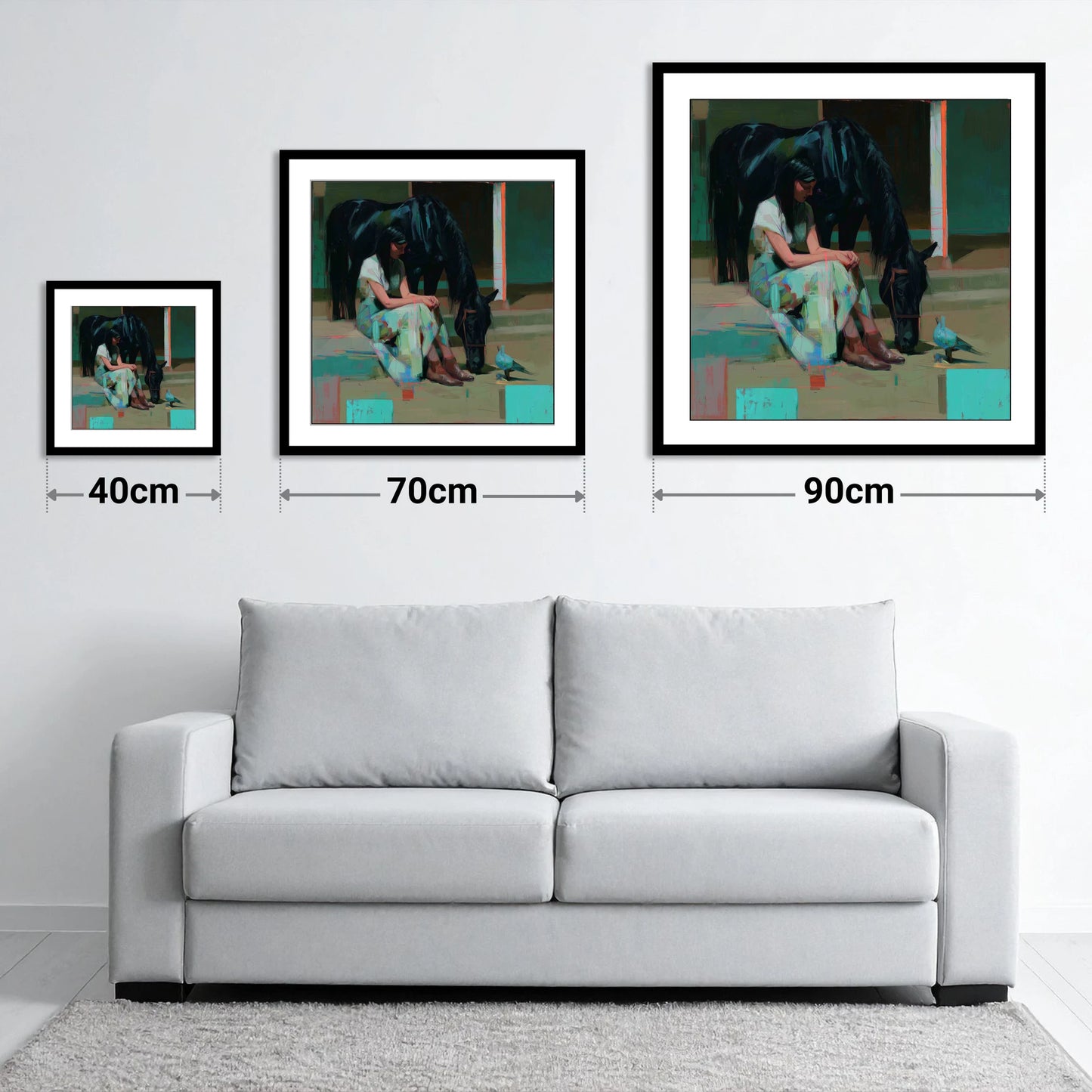 Stillness in the Yard - size guide showing 40cm, 70cm and 90cm art prints