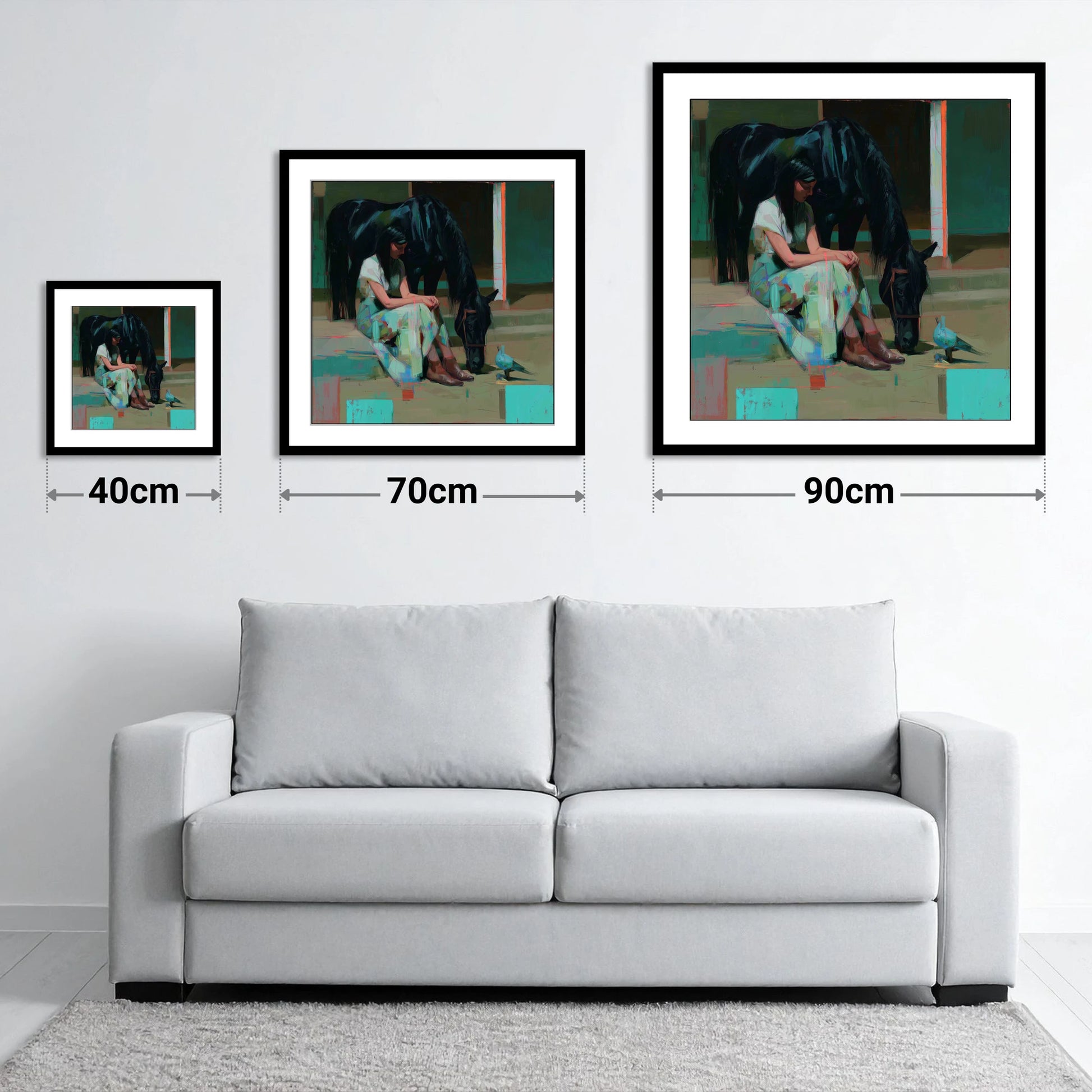 Stillness in the Yard - size guide showing 40cm, 70cm and 90cm art prints