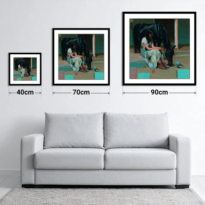 Stillness in the Yard - size guide showing 40cm, 70cm and 90cm art prints