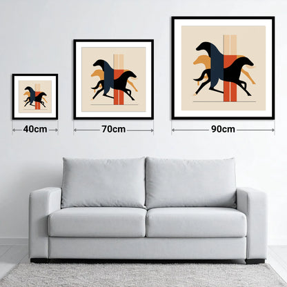 Geometric Gallop - size guide showing 40cm, 70cm and 90cm art prints