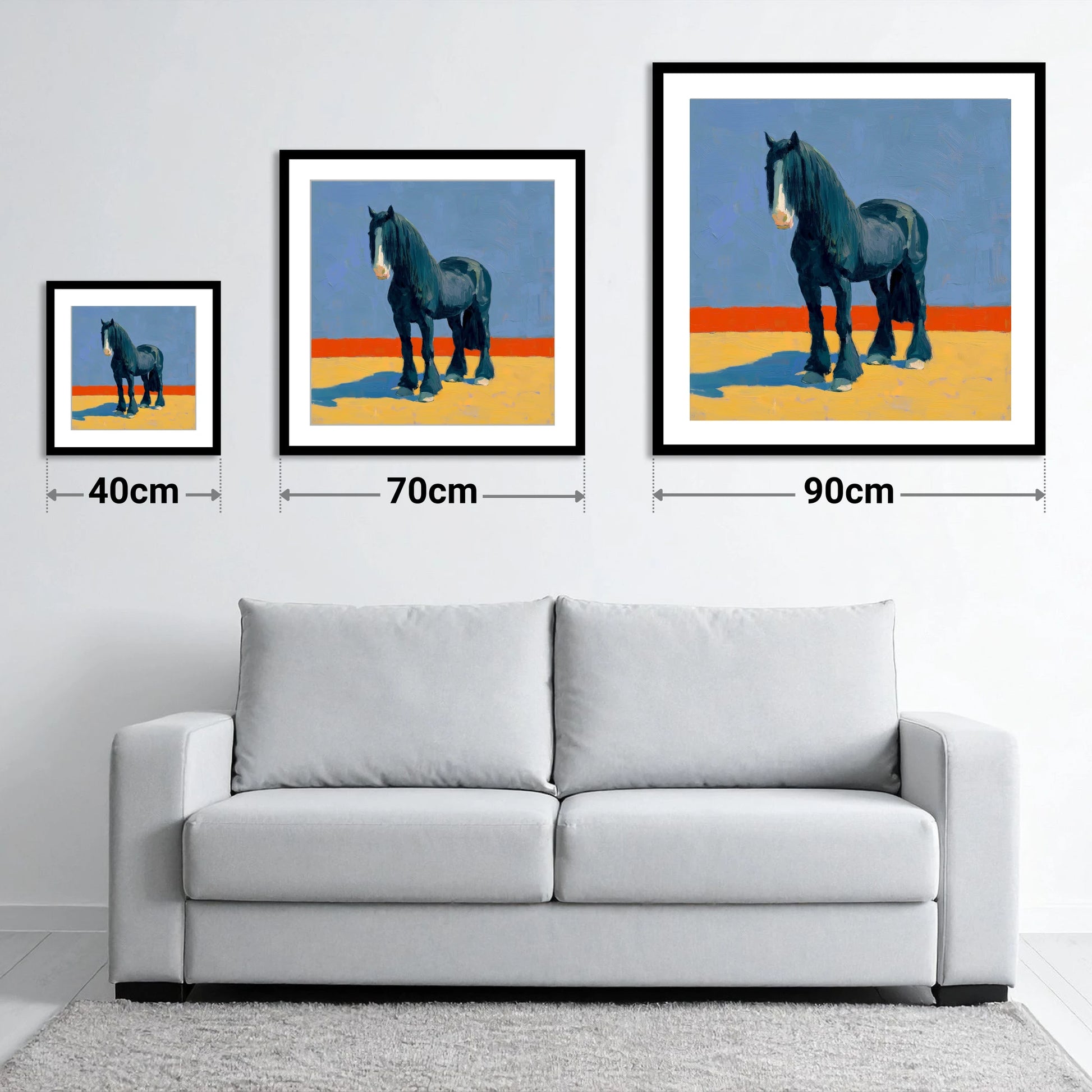 The Painted Shire - size guide showing 40cm, 70cm and 90cm art prints