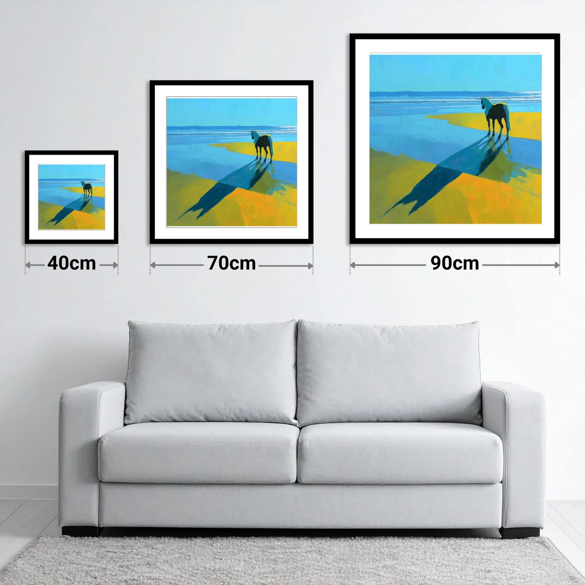 Azure Shoreline Silhouette - size guide showing 40cm, 70cm and 90cm art prints