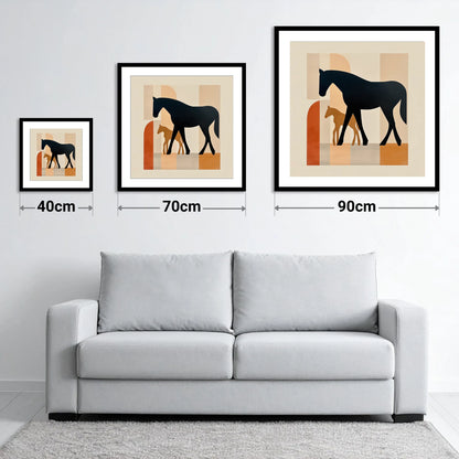 Mid-Century Maternal Bond - size guide showing 40cm, 70cm and 90cm art prints