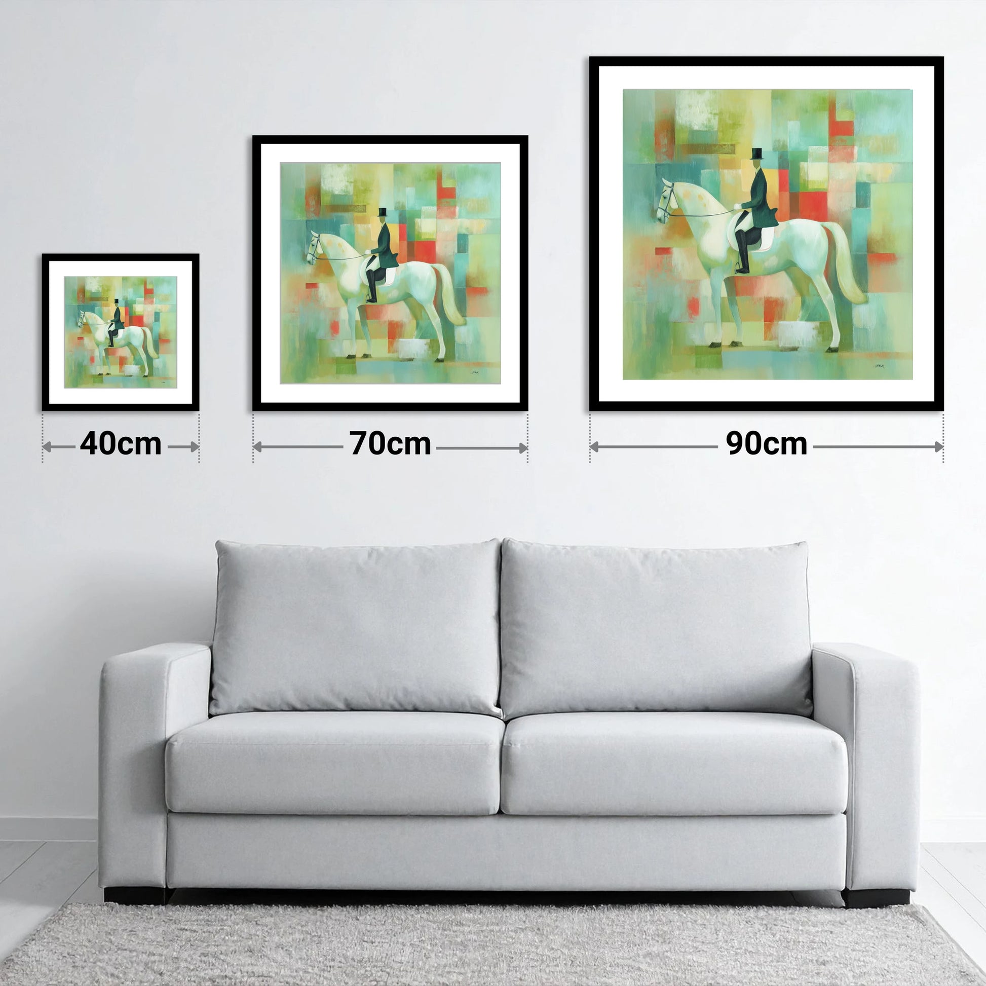 Structured Elegance - size guide showing 40cm, 70cm and 90cm art prints