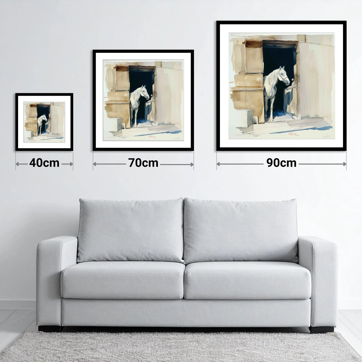The Quiet Grey - size guide showing 40cm, 70cm and 90cm art prints