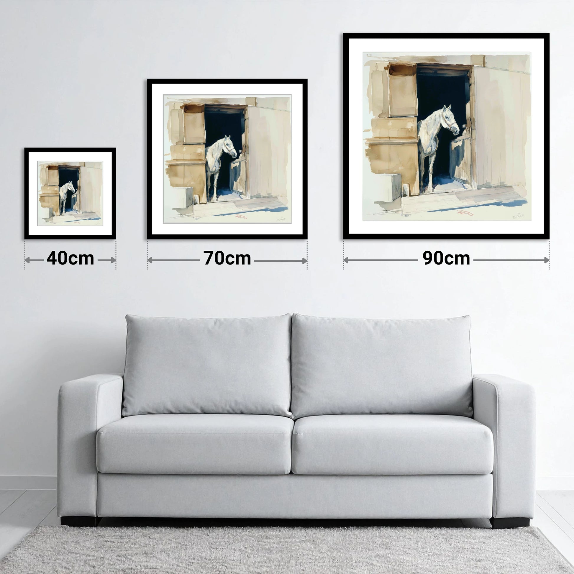 The Quiet Grey - size guide showing 40cm, 70cm and 90cm art prints