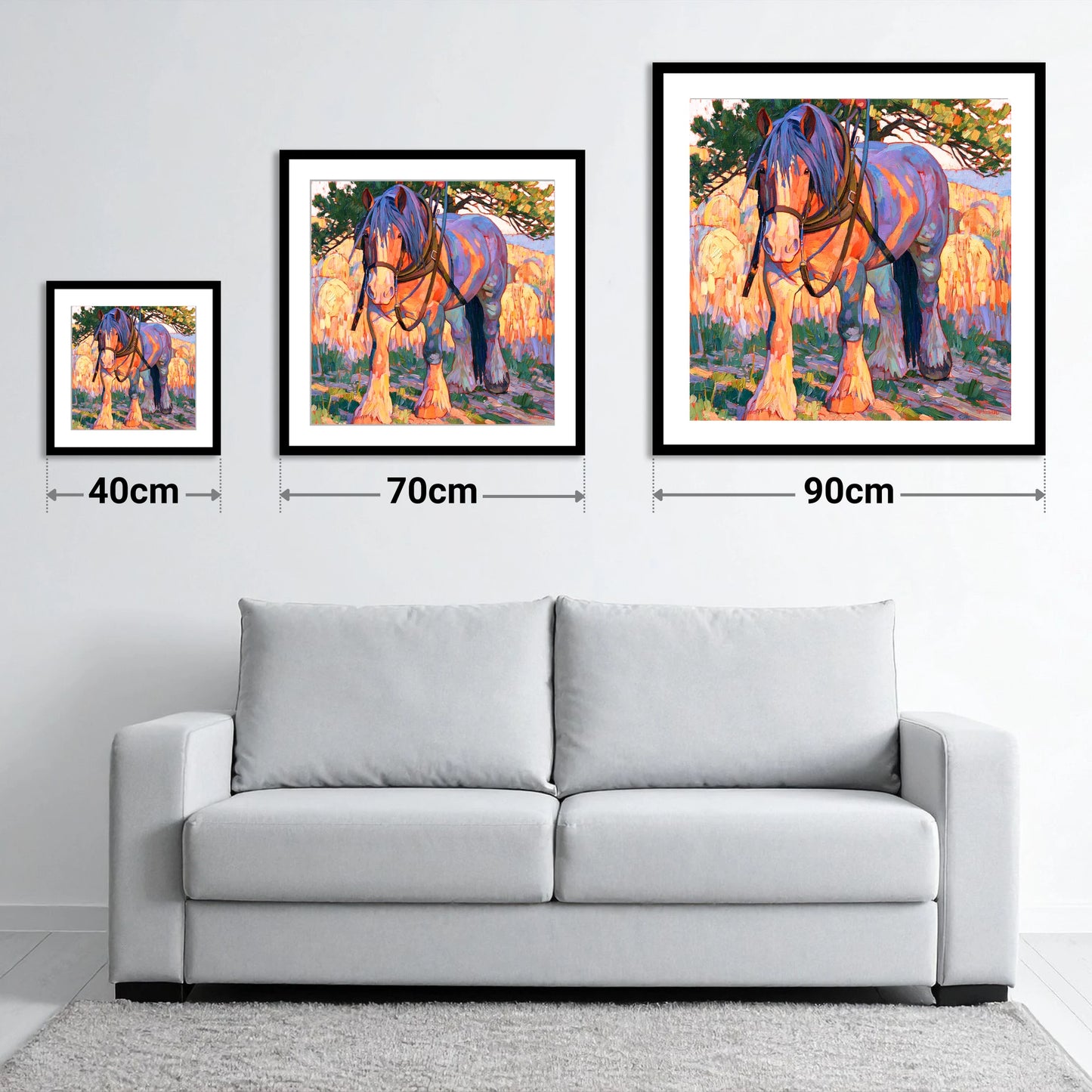 Colourful Heavy Horse In Harness - size guide showing 40cm, 70cm and 90cm art prints