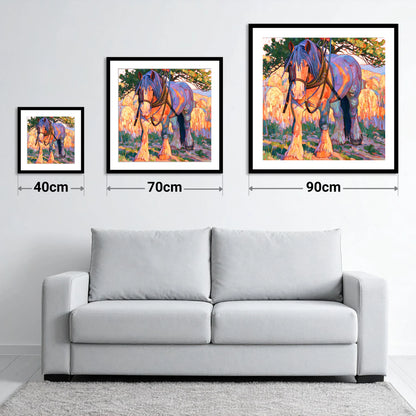 Colourful Heavy Horse In Harness - size guide showing 40cm, 70cm and 90cm art prints