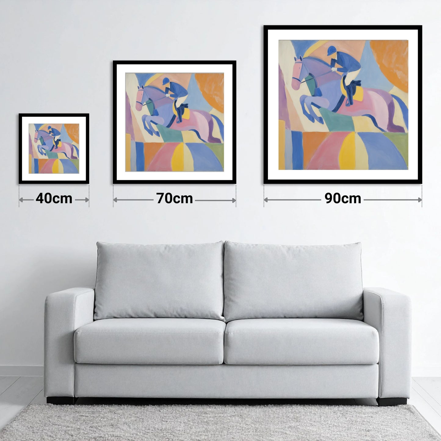Geometric Flight - size guide showing 40cm, 70cm and 90cm art prints
