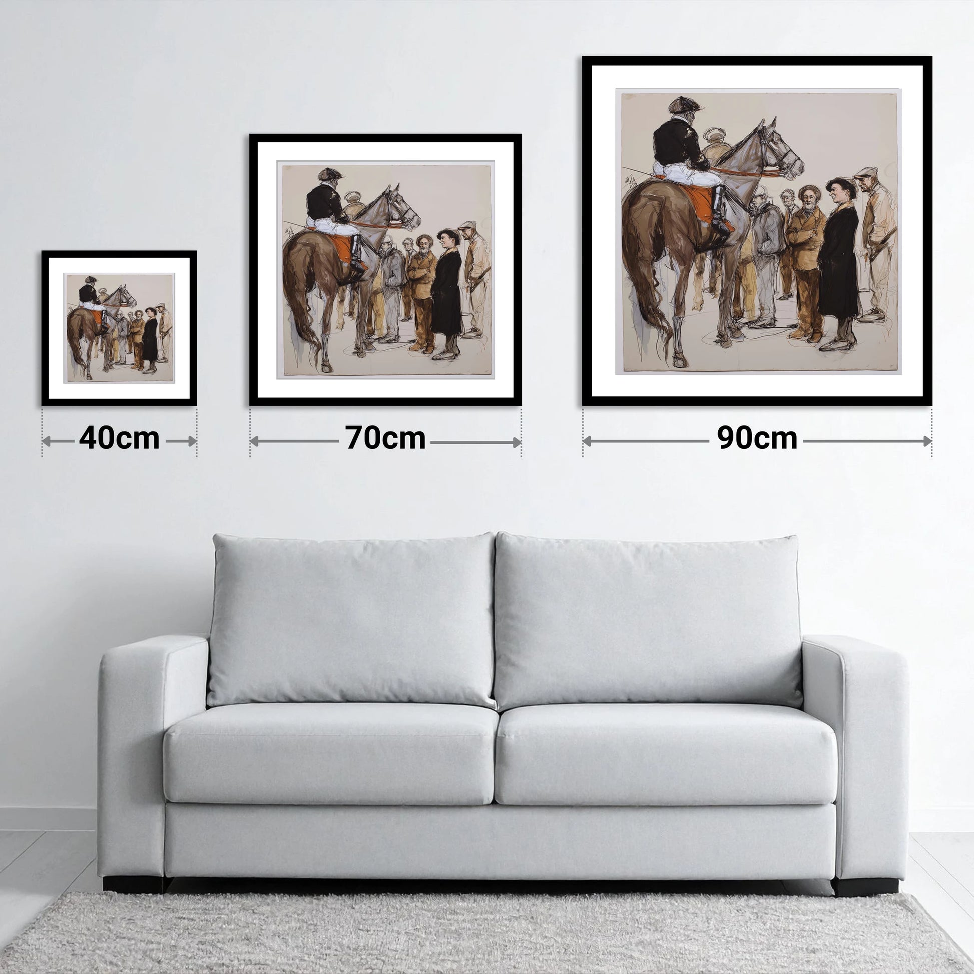 The Paddock Assembly - size guide showing 40cm, 70cm and 90cm art prints