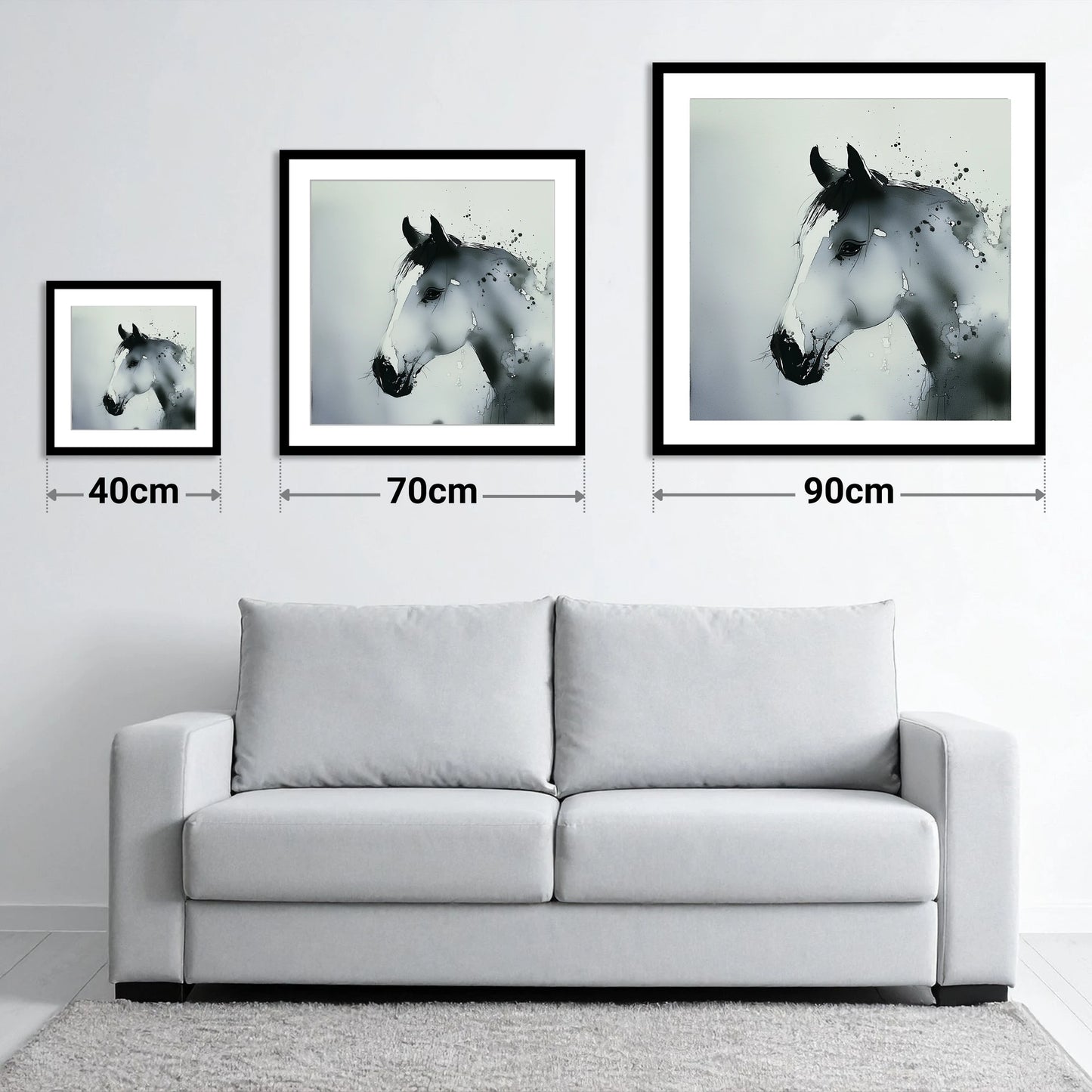 Atmospheric Grey Profile - size guide showing 40cm, 70cm and 90cm art prints