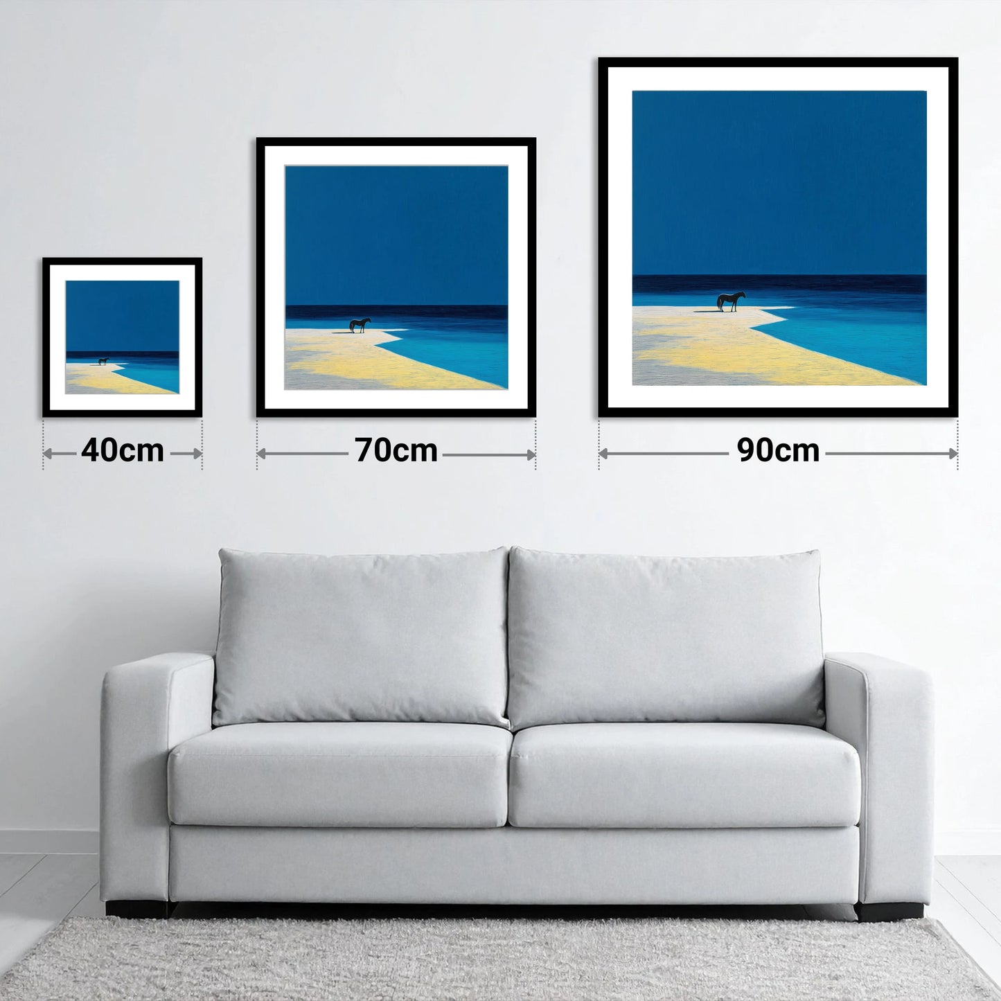 The Azure Edge - size guide showing 40cm, 70cm and 90cm art prints