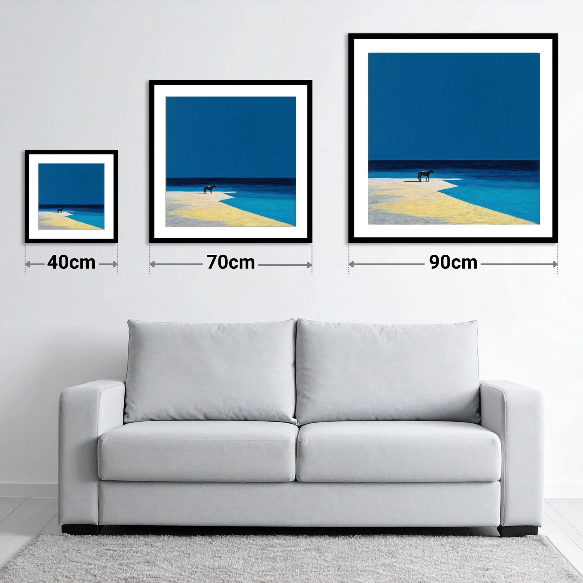 The Azure Edge - size guide showing 40cm, 70cm and 90cm art prints