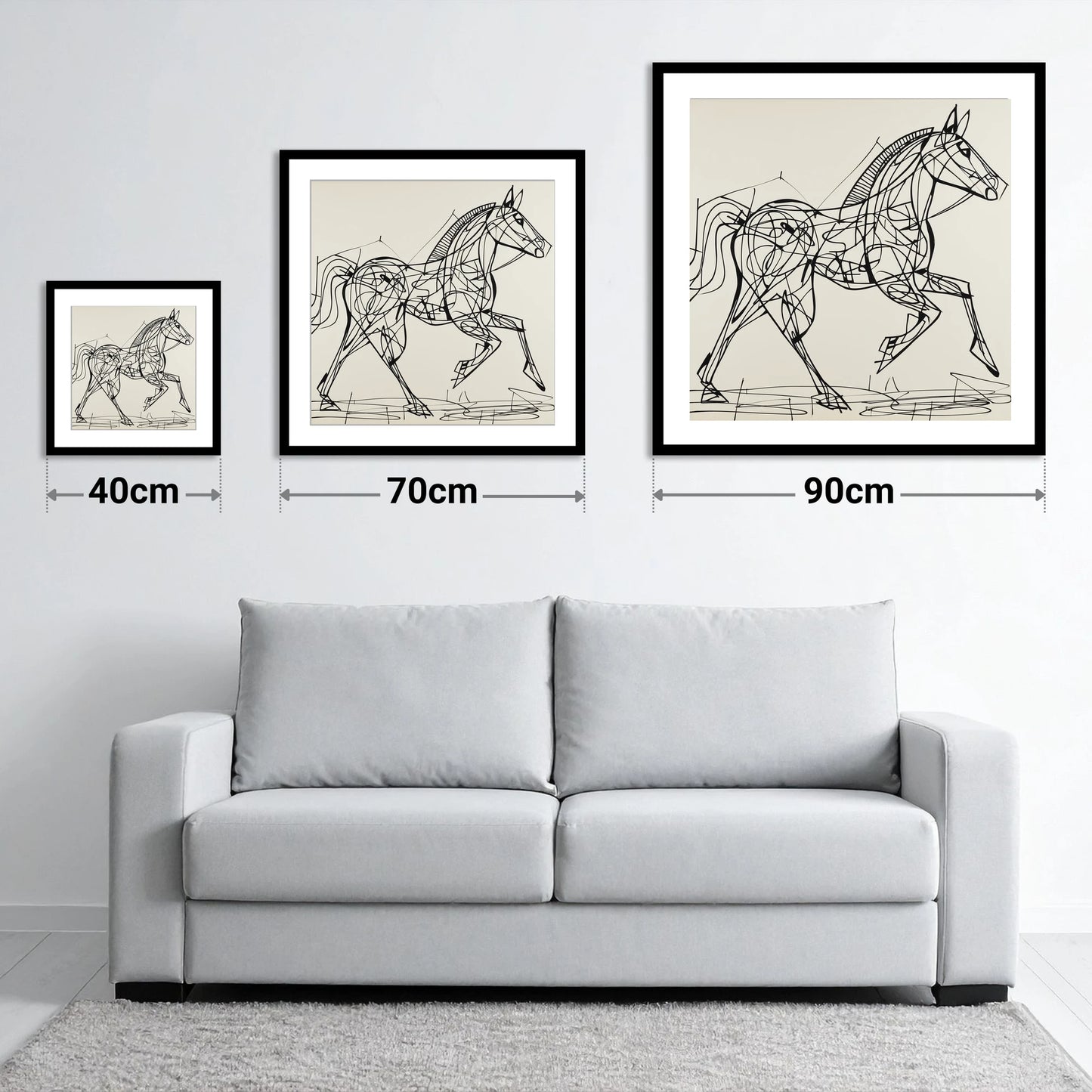 Structural Stride - size guide showing 40cm, 70cm and 90cm art prints