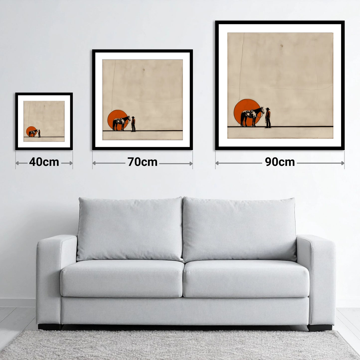 Frontier Sun Silhouette - size guide showing 40cm, 70cm and 90cm art prints