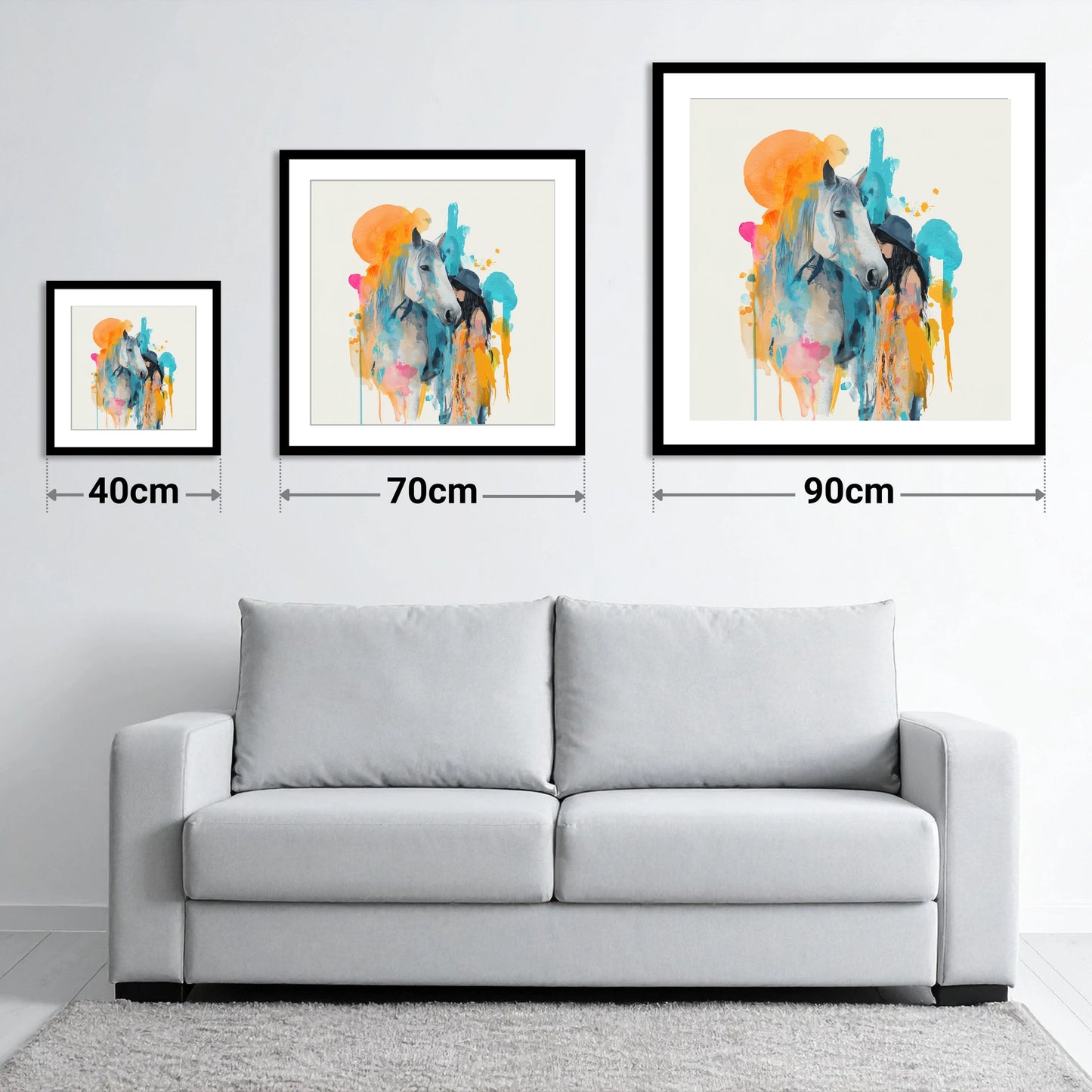 Vibrant Connection - size guide showing 40cm, 70cm and 90cm art prints