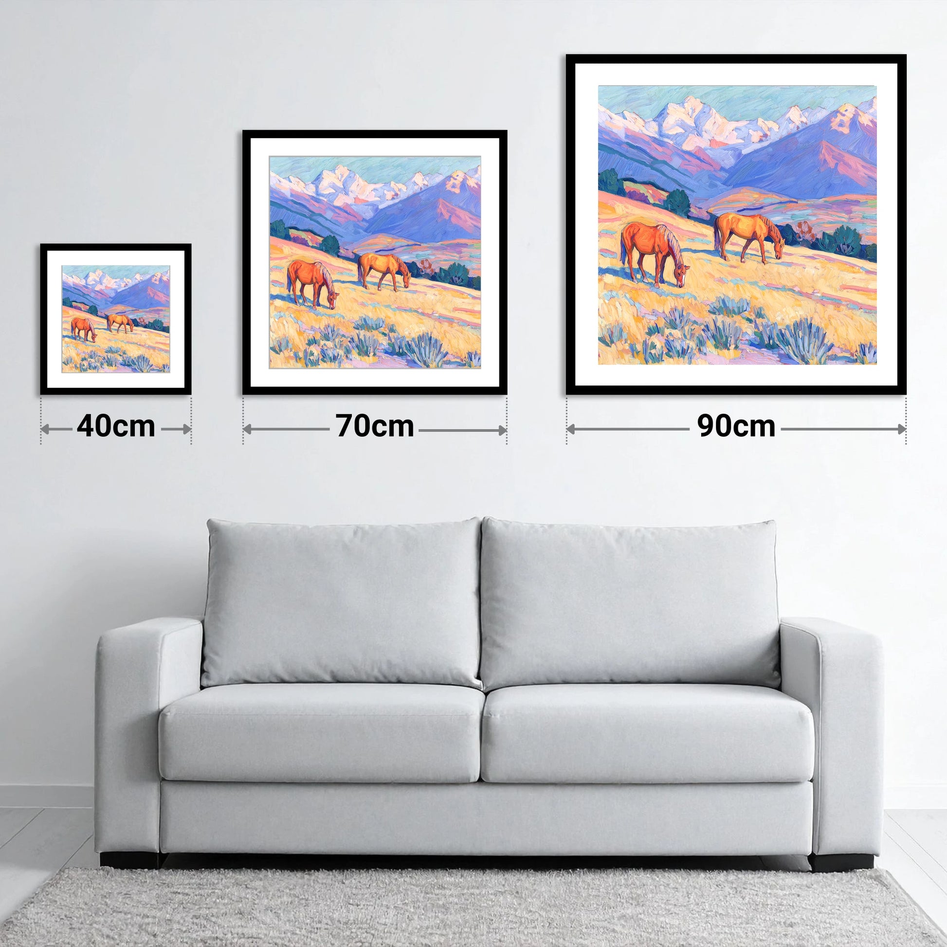Grazing Beneath Violet Peaks - size guide showing 40cm, 70cm and 90cm art prints
