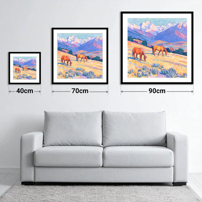 Grazing Beneath Violet Peaks - size guide showing 40cm, 70cm and 90cm art prints