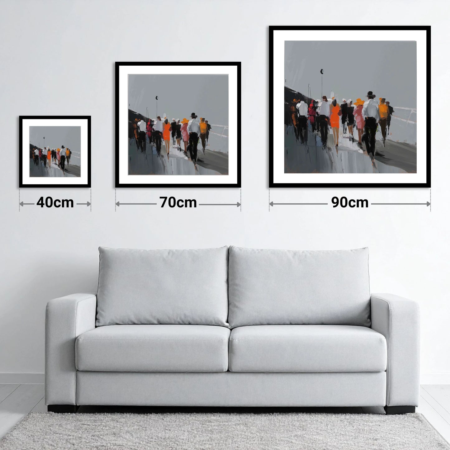 The Grandstand Parade - size guide showing 40cm, 70cm and 90cm art prints