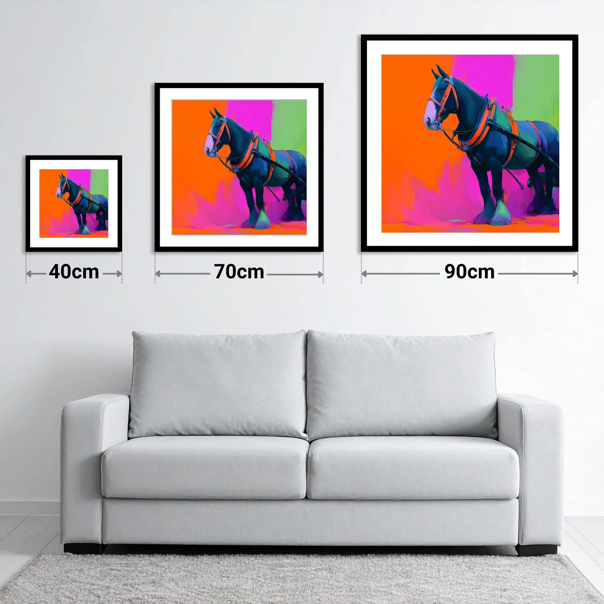 Neon Heavy Horse - size guide showing 40cm, 70cm and 90cm art prints