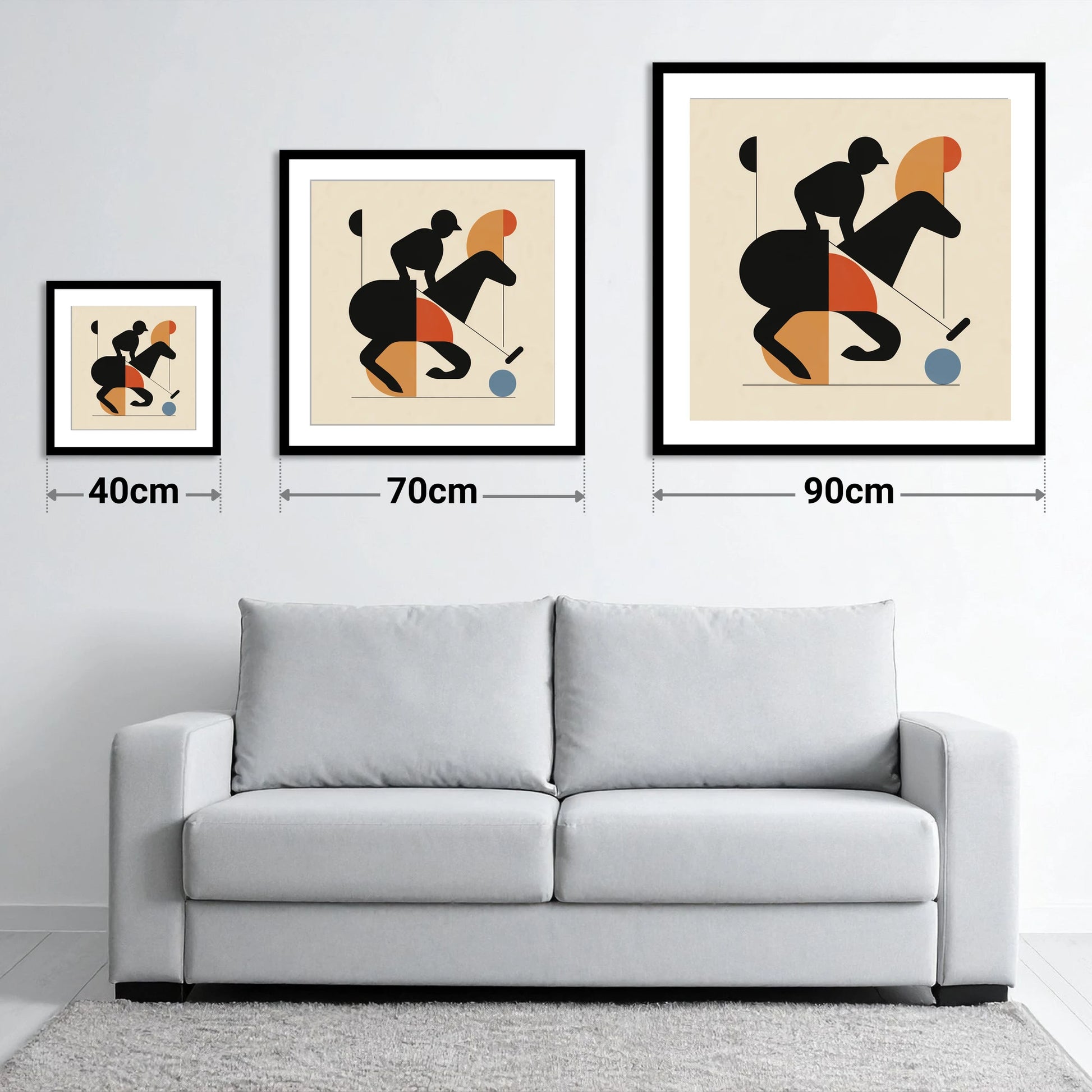 Mid-Century Polo Strike - size guide showing 40cm, 70cm and 90cm art prints