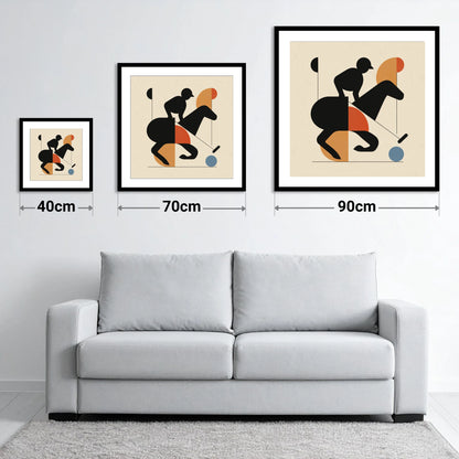 Mid-Century Polo Strike - size guide showing 40cm, 70cm and 90cm art prints